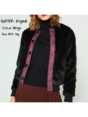 Hunter Original Faux Fur Bomber Jacket Women's Black Size Large New With Tag